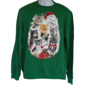 new Fifth Sun CHRISTMAS Cats Sweatshirt, M, Green, Long Sleeve, Santa Hats, Bear
